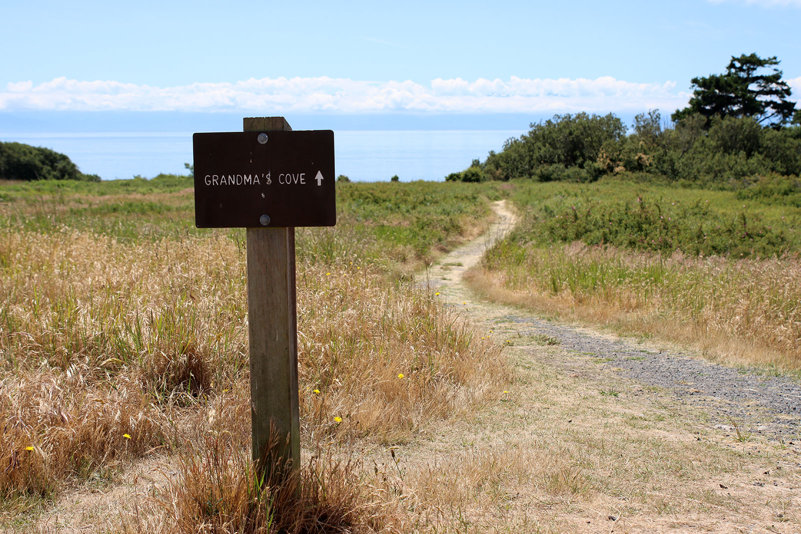 Sign for Granny’s Cove along a narrow walking path through grass