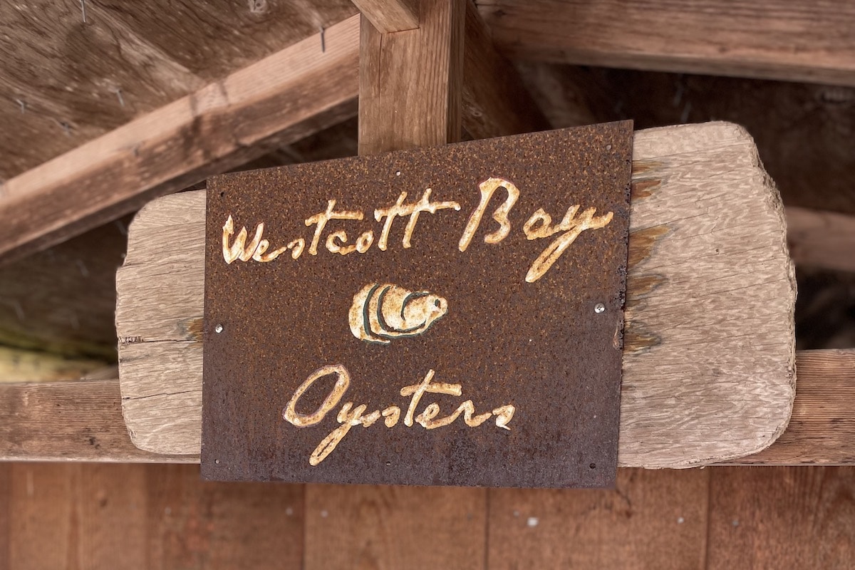 Metal sign for Westcott Bay Oysters